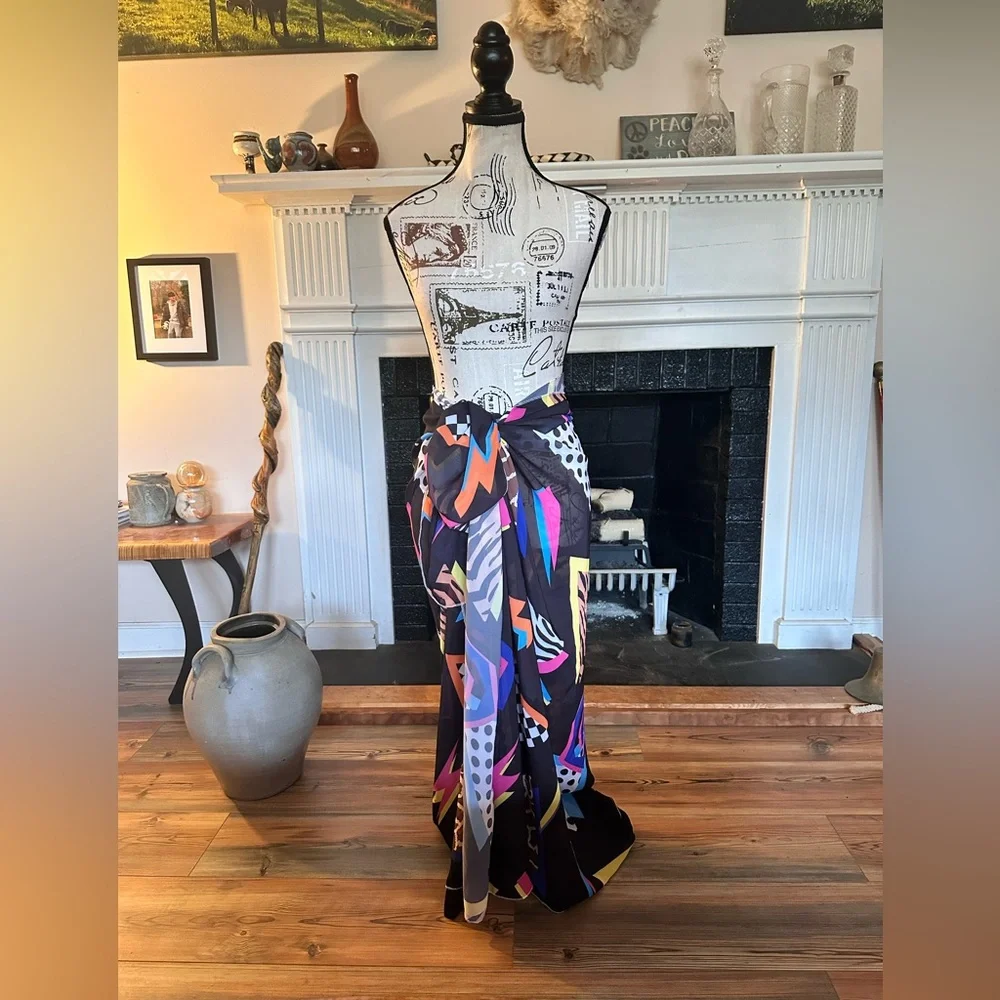 Abstract Geometric Sheer Scarf Wrap Sarong Animal Print Festival Shawl Pareo 80s